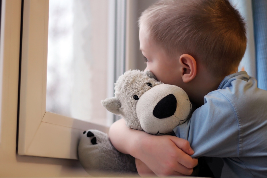 Boy Looking out the window holding a stuffed animal