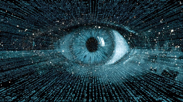 Gigantic Glowing Eye Floating In A Digital Void, Surrounded By Streams Of Binary Code, Neural Network Patterns Forming Like Constellations, Surreal Futuristic Style.