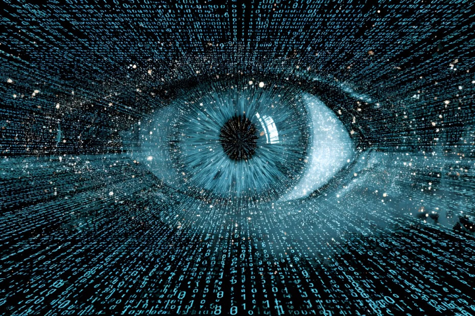 Gigantic Glowing Eye Floating In A Digital Void, Surrounded By Streams Of Binary Code, Neural Network Patterns Forming Like Constellations, Surreal Futuristic Style.