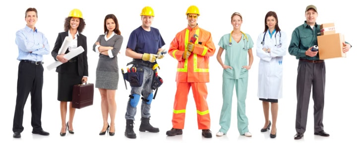 Workers in various uniforms