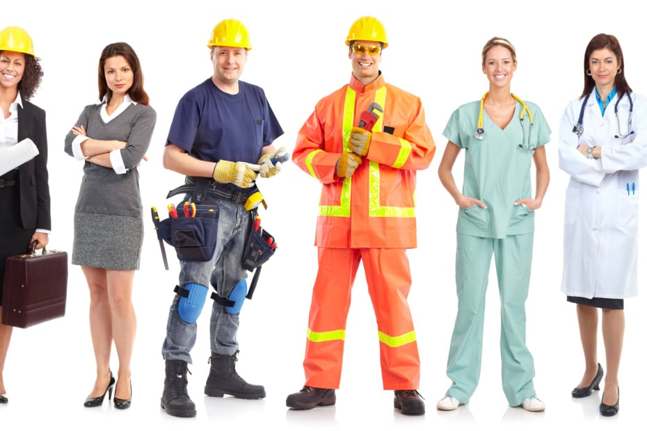 Workers in various uniforms